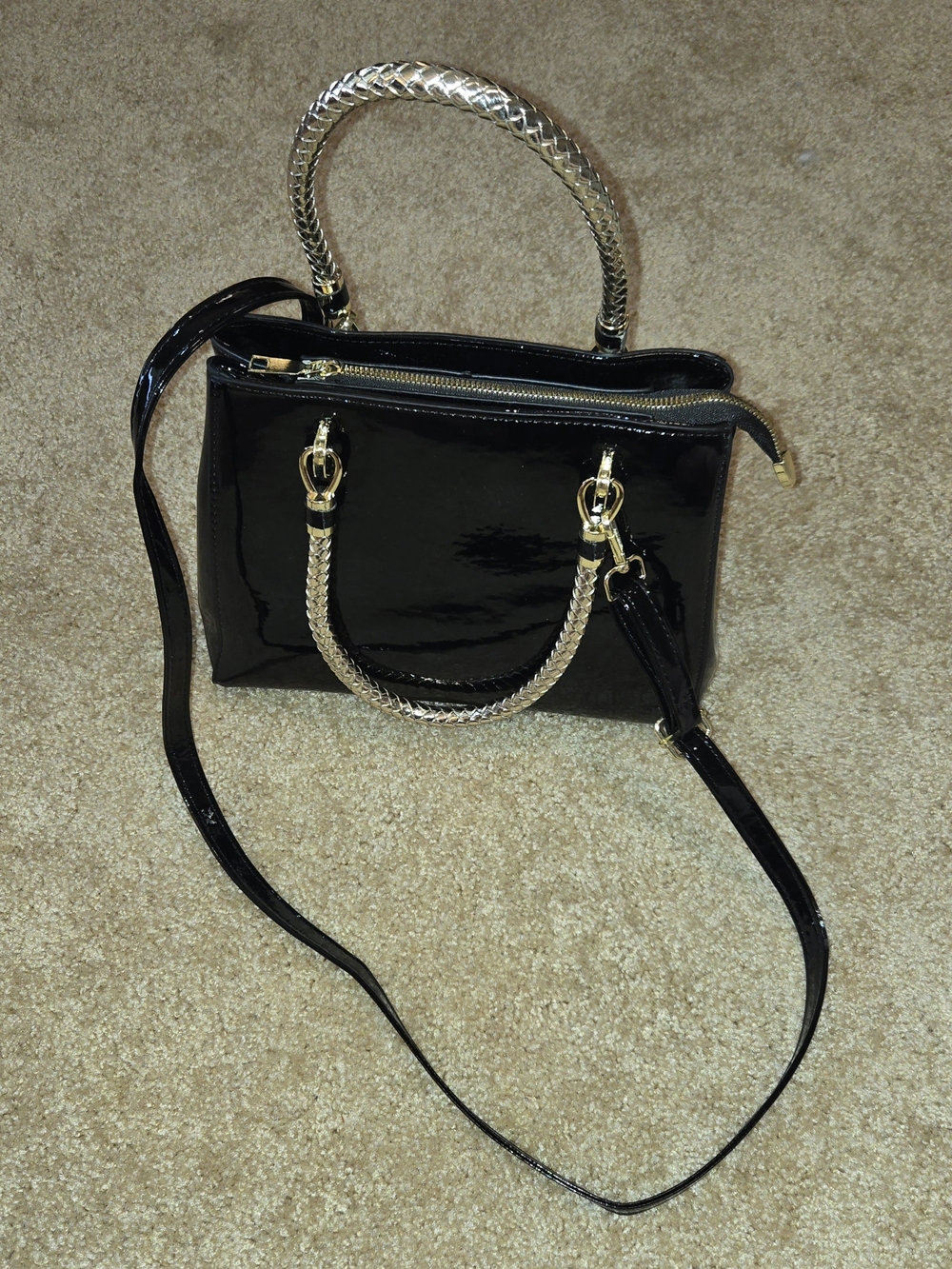 Black Patent Shoulder Satchel with Gold Braided Handles